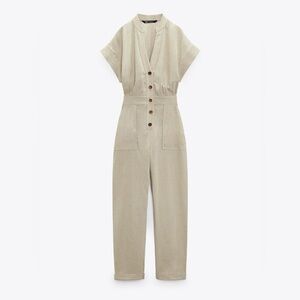 Zara Beige Utility Jumpsuit with Button Front